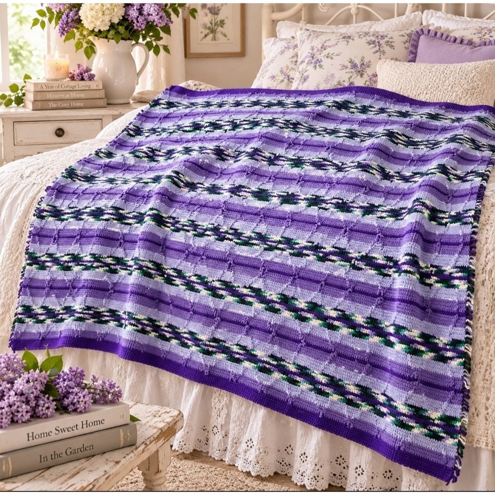 Vintage Handmade Crochet Afghan Blanket Purple Lavender Navy Green 77" x 49"